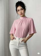 Women's Elegant French-Inspired Half-Turtleneck Blouse – Chic Chiffon Top With Puffed Sleeves, Non-See-Through Design, Tailored Fit