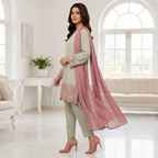 Pastel Green Luxury Pret Suit With Pink Lace Detailing