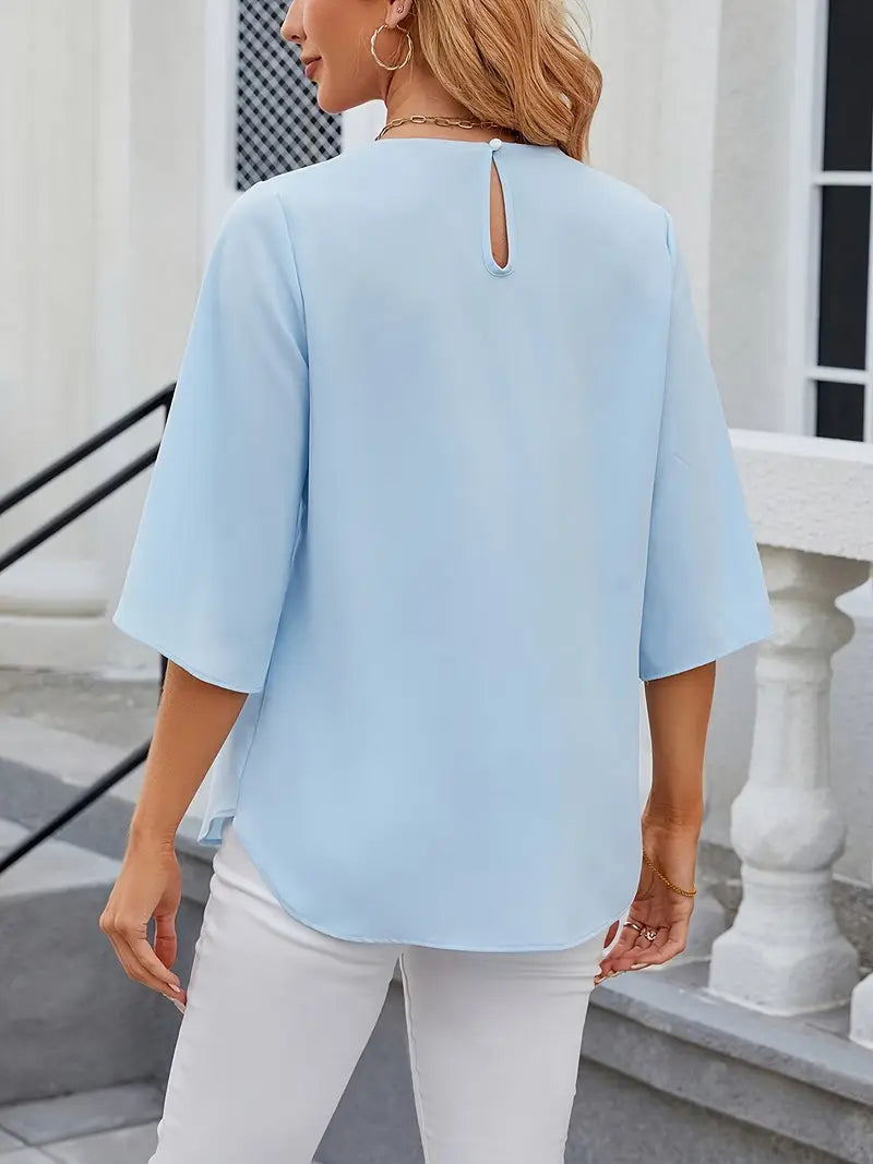 Elegant Puff Sleeve Blouse – Round Neck Button-Front Slit Hem, Short Jacket-Inspired Top For Casual And Office Wear