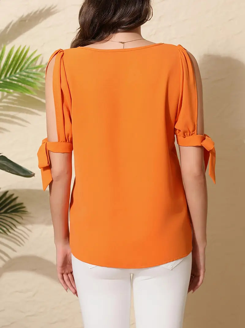 V-Neck Blouse, Bow Detail Top With Ruffle Sleeves And Split Hem, Feminine Lightweight Casual Wear