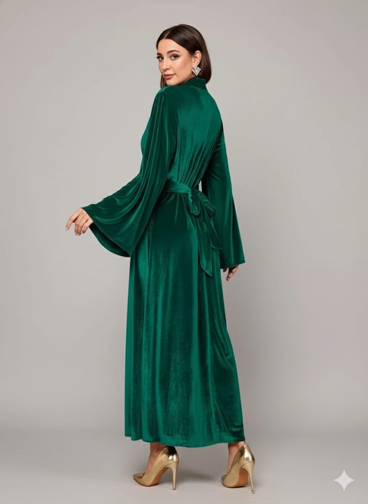 Elegant Full-Length Velvet Maxi Dress For Women, Long Sleeve Gown With Belt, Zipper Back And Tie Detail  Formal Evening Dress