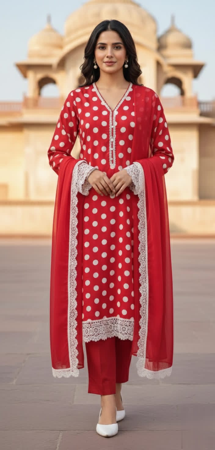 Elegant Red & White Polka Dot Salwar Kameez Set With Lace Dupatta.