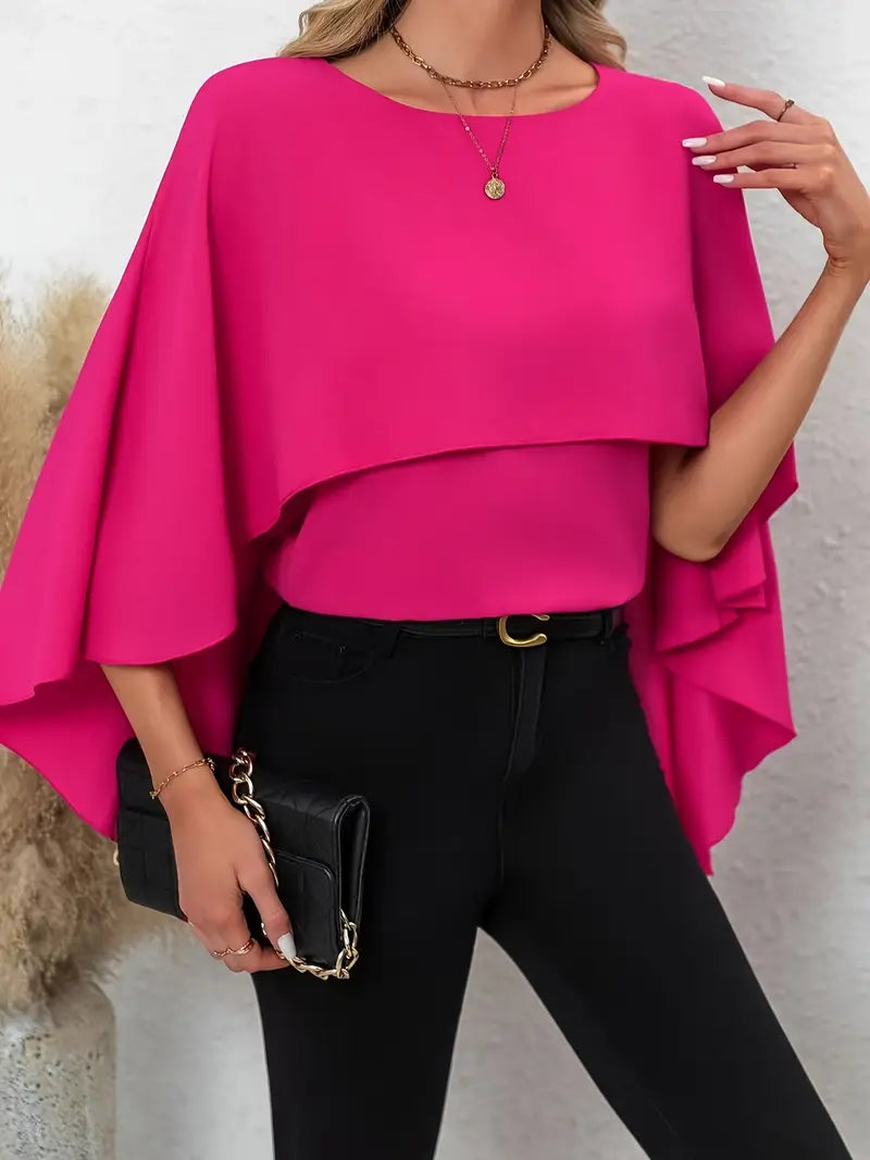 Elegant Layered Cape Sleeve Blouse, Solid Color Round Neck Top With Ruffled Detailing, Lightweight, Casual & Formal Wear