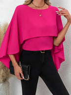 Elegant Layered Cape Sleeve Blouse, Solid Color Round Neck Top With Ruffled Detailing, Lightweight, Casual & Formal Wear