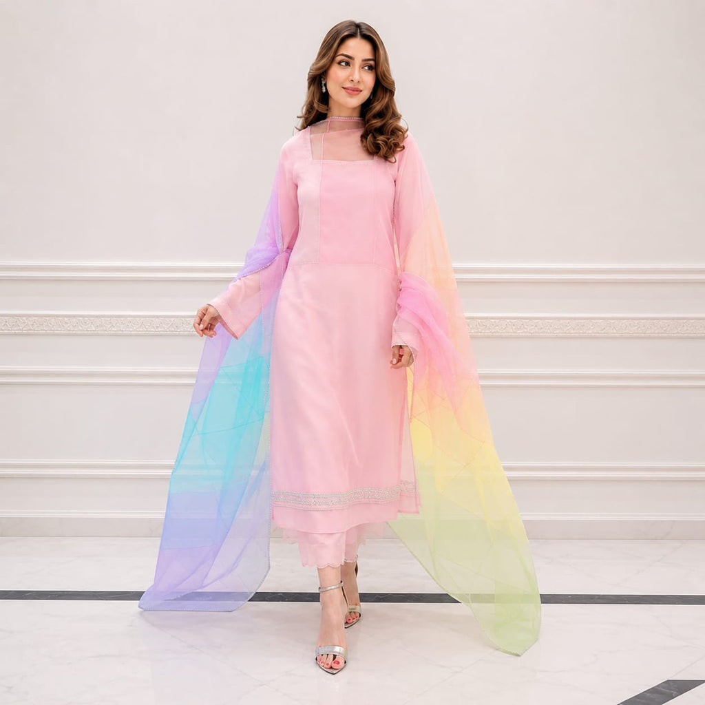 Pastel Baby Pink Luxury Pret Suit With Rainbow Ombre Dupatta