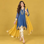 Niswa Style Cotton Silk Blue Kurta Set With Yellow Gota Dupatta