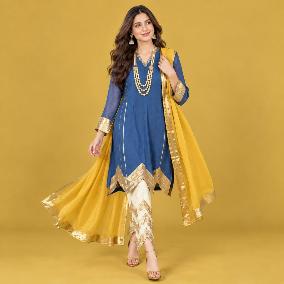 Niswa Style Cotton Silk Blue Kurta Set With Yellow Gota Dupatta