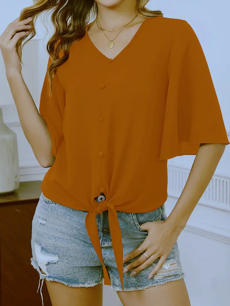 Elegant Blouse –  V-Neck Top With Bell Sleeves And Decorative Buttons For Casual Or Dressy Outfits