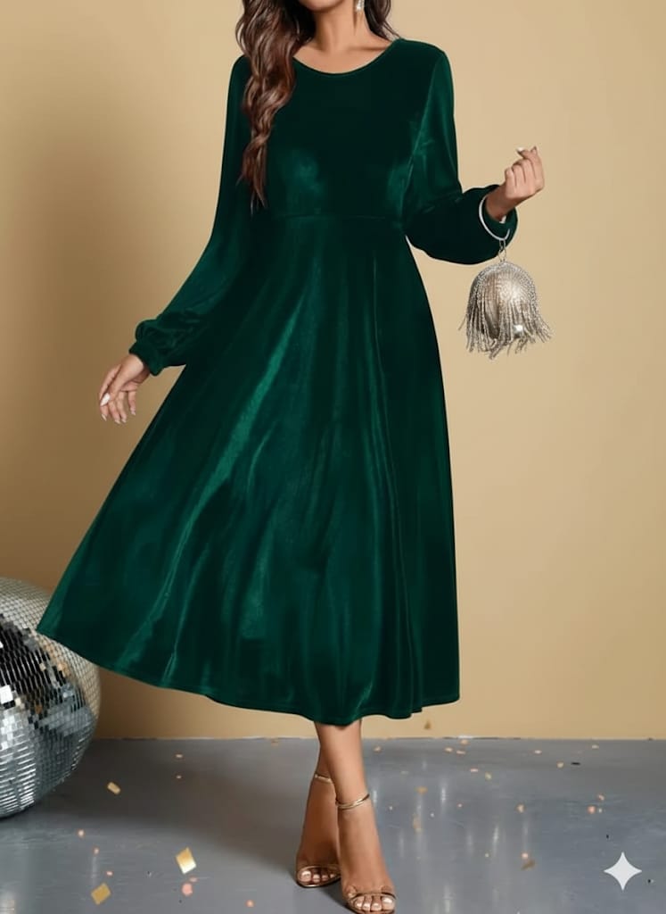 Women’s Green Elegant Fitted Dress – Long Sleeve A-Line Gown | Formal Evening & Party Wear | Round Neck | Elegant Outfit