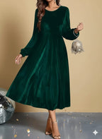 Women’s Green Elegant Fitted Dress – Long Sleeve A-Line Gown | Formal Evening & Party Wear | Round Neck | Elegant Outfit