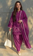 Heart Bloom Cotton Silk Short Kurta With Farshi Shalwar & Chiffon Dupatta.