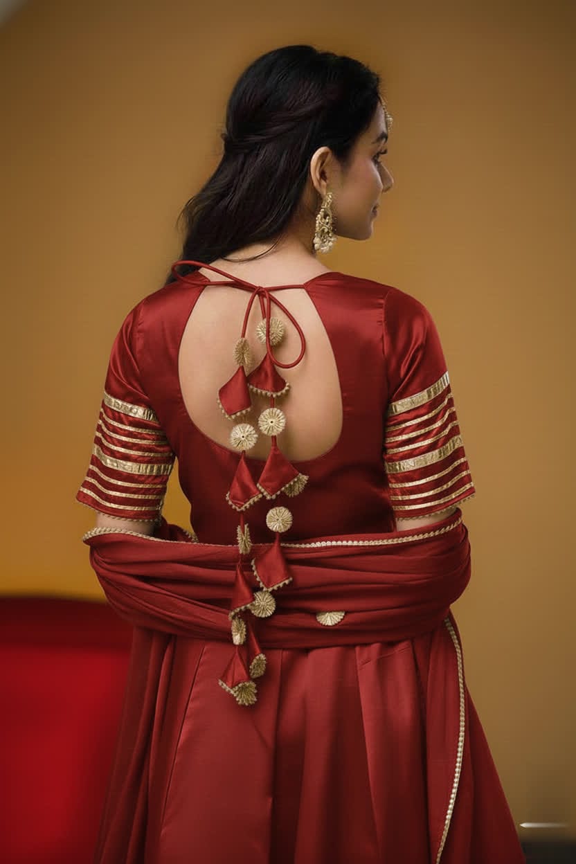 Premium Black Gota Patti Anarkali Pant Set For Women – Silk Long Anarkali With Different Shade Chiffon Dupatta & Embellished Pants.