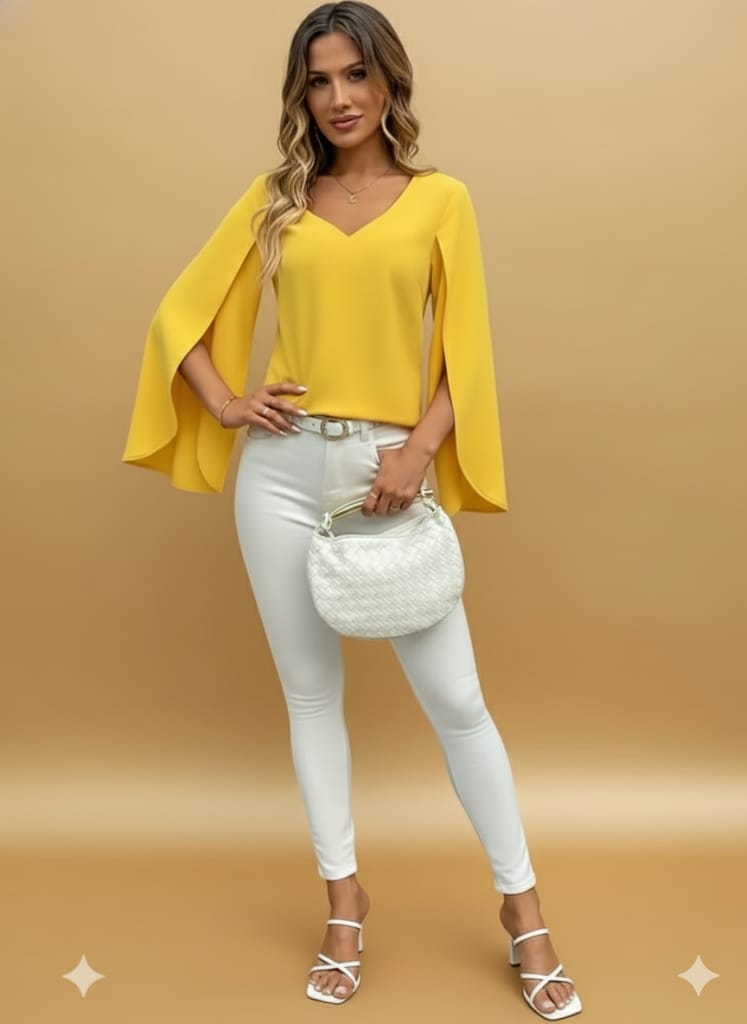 Elegant V-Neck Blouse, Vibrant Yellow Long Sleeve Top, Lightweight, Shirt For Casual & Formal Fashion