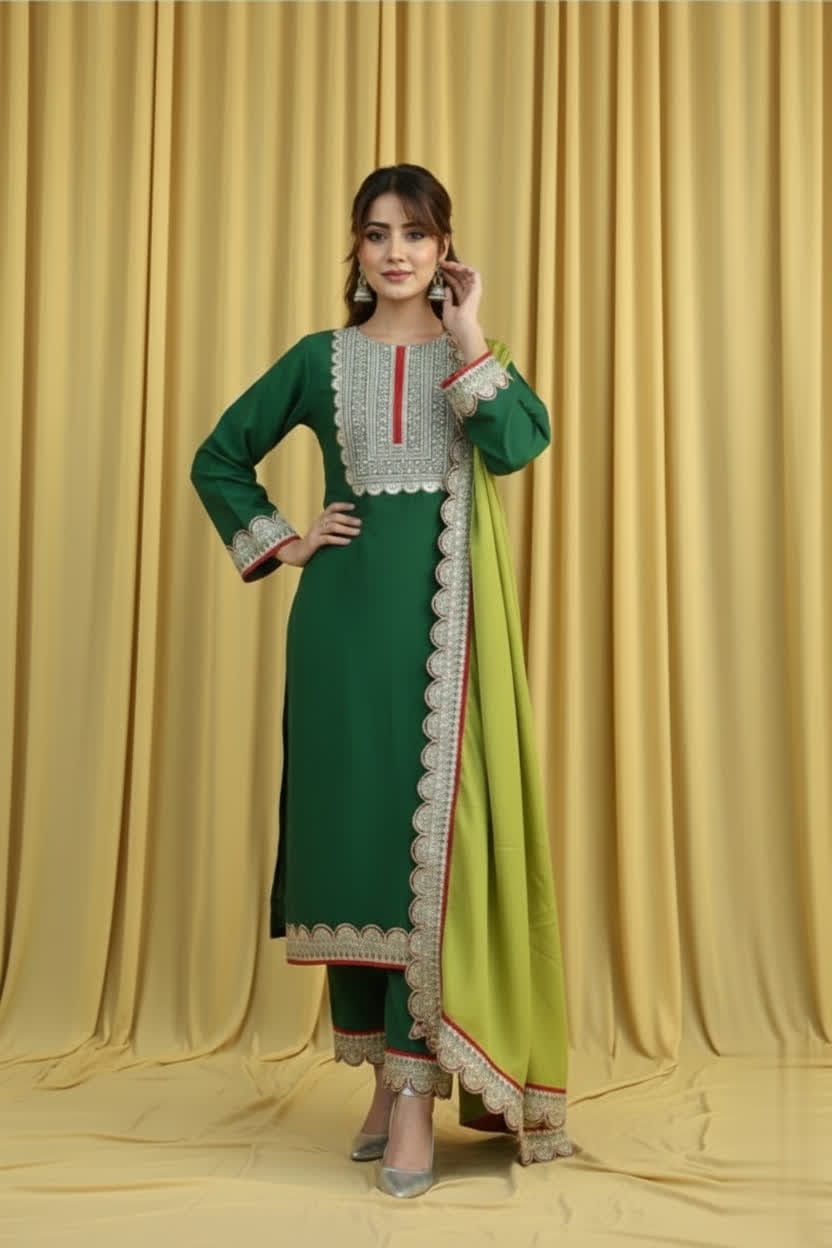 Women’s Traditional Green Silk Kurta Trouser Set – Straight Fit, Light Green Border Dupatta