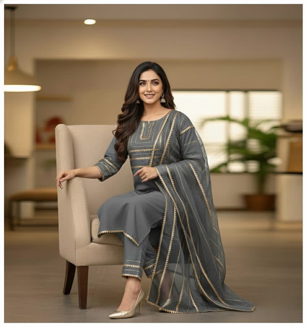 Asymmetrical Gota Patti Kurta Set – Light Gold Embroidered Bodice, Flounce Sleeves, Gold Trim Salwar Kameez With Sheer Gota Dupatta.