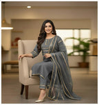 Asymmetrical Gota Patti Kurta Set – Light Gold Embroidered Bodice, Flounce Sleeves, Gold Trim Salwar Kameez With Sheer Gota Dupatta.