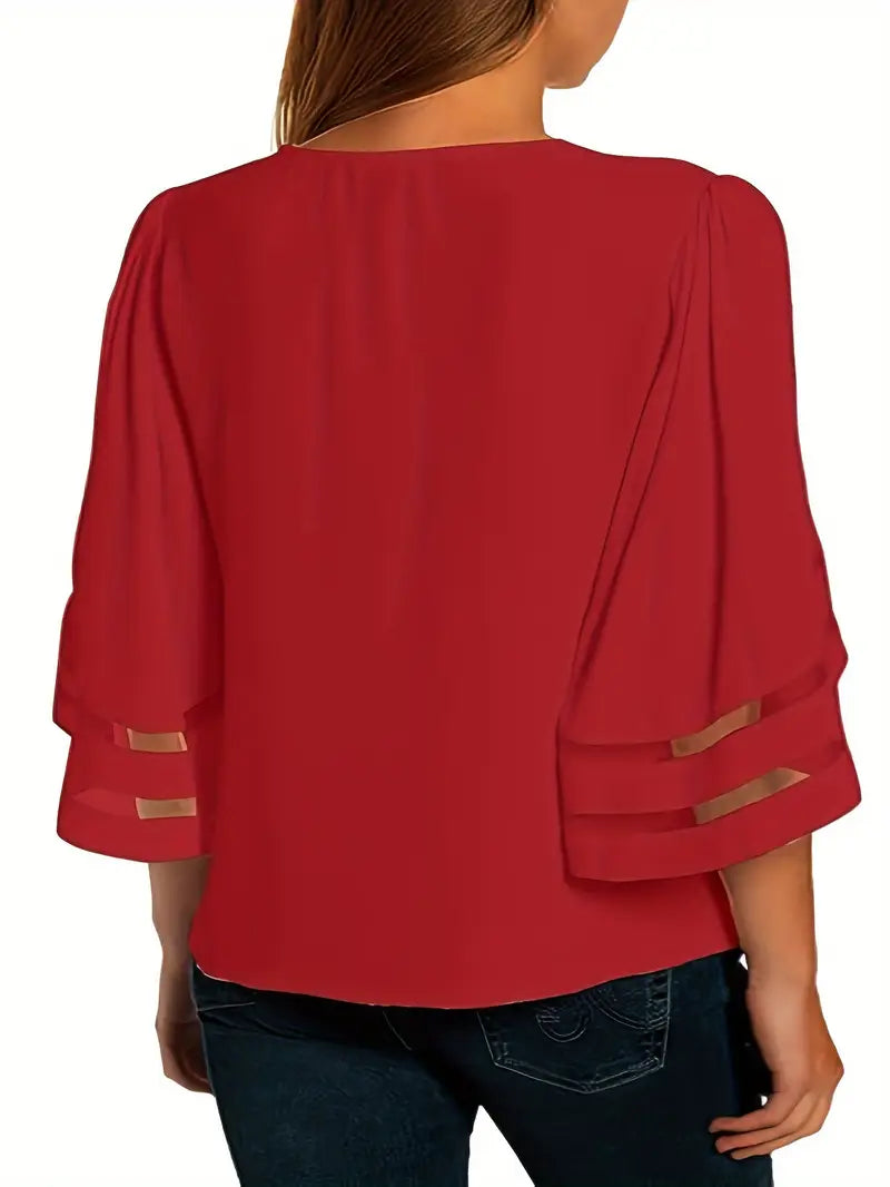 Elegant V-Neck T-Shirt – 3/4 Sleeve  Blouse With Breathable Mesh Panel Top For Casual & Everyday Wear