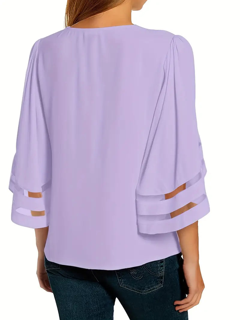 Elegant V-Neck T-Shirt – 3/4 Sleeve  Blouse With Breathable Mesh Panel Top For Casual & Everyday Wear