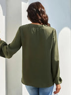 Casual V-Neck Lantern Sleeve Solid Shirt – Elegant Loose Fit Blouse For Styling Work And Daily Wear