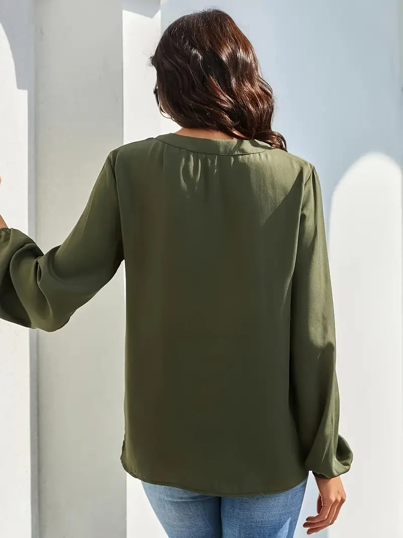 Casual V-Neck Lantern Sleeve Solid Shirt – Elegant Loose Fit Blouse For Styling Work And Daily Wear