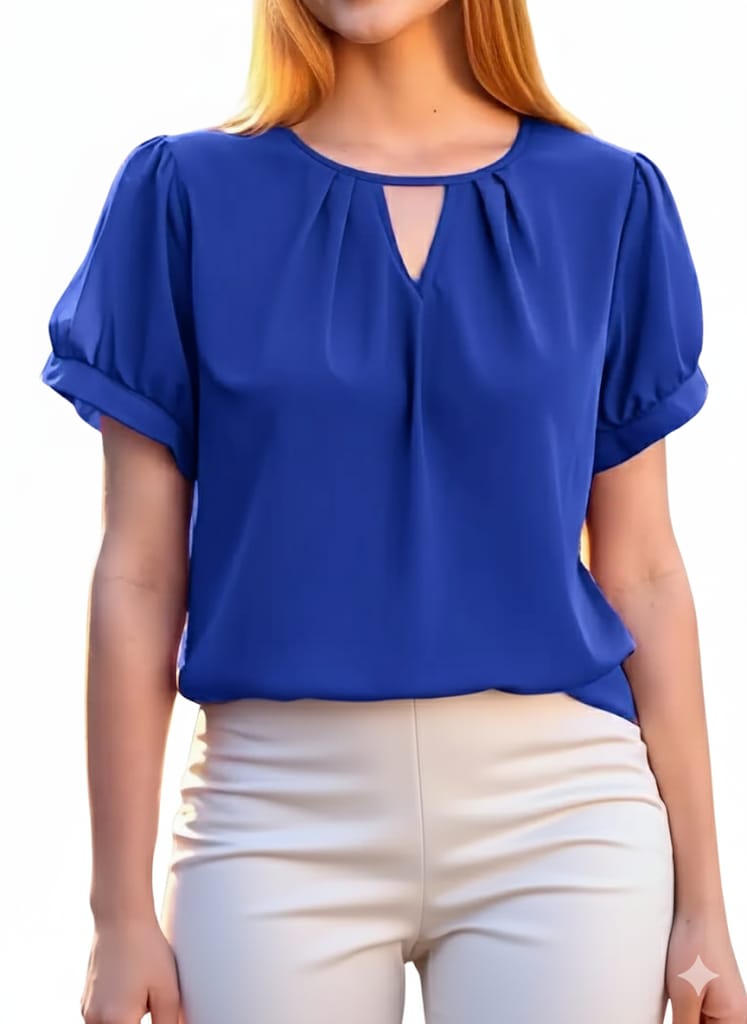 Women’s V-Neck Blouse, Loose Fit Short Sleeve Top With Glossy Fabric, Vintage Style