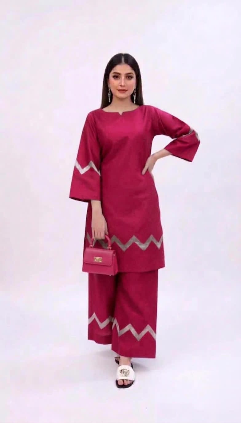 Elegant Royal Blue Silk Kurti & Wide-Leg Trouser Set – Women’s 2-Piece Outfit With Silver Zigzag Detailing