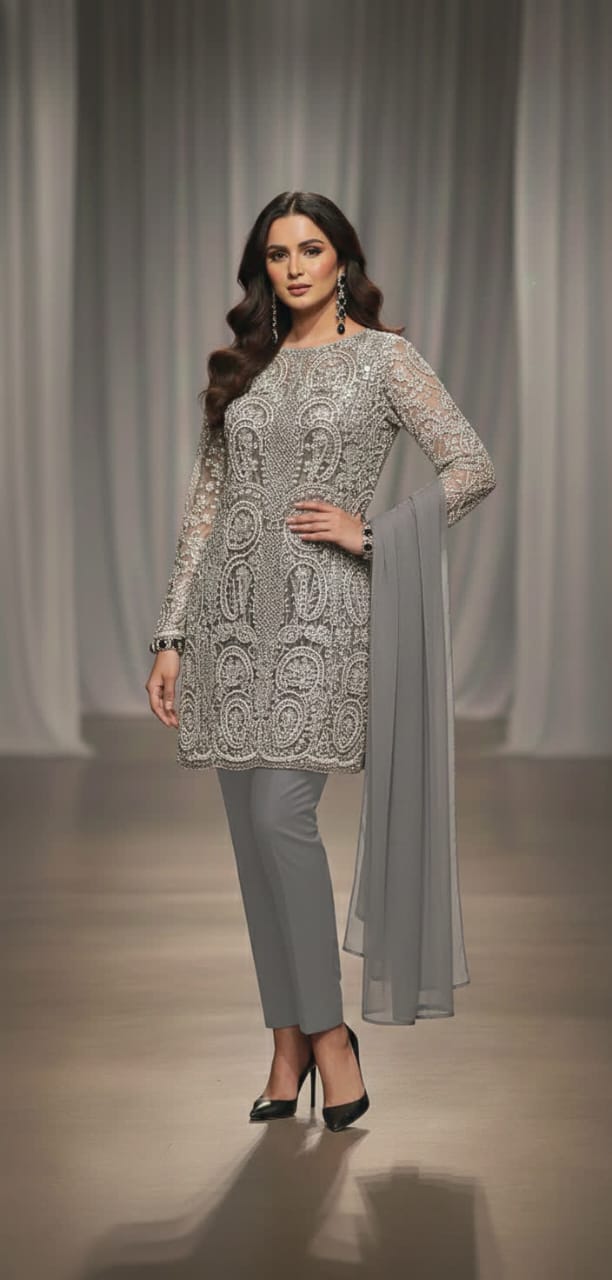 Modern Net Embroidered Short Shirt Suit - Sequins Round Neck Top With Plain Trouser & Dupatta.