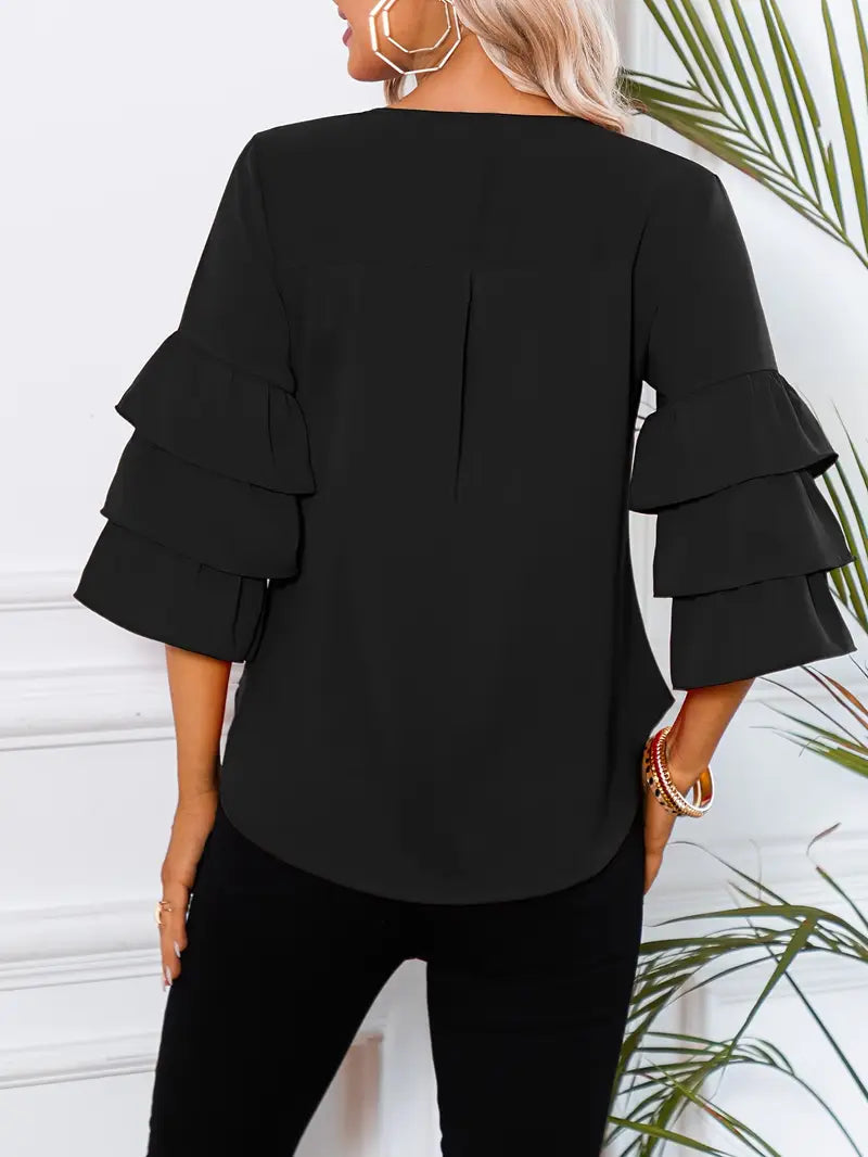 Women’s Fashion Three-Layer Sleeve Top – Elegant Round Neck Blouse, Lightweight, Flowy & Stylish Casual To Semi-Formal Wear Season