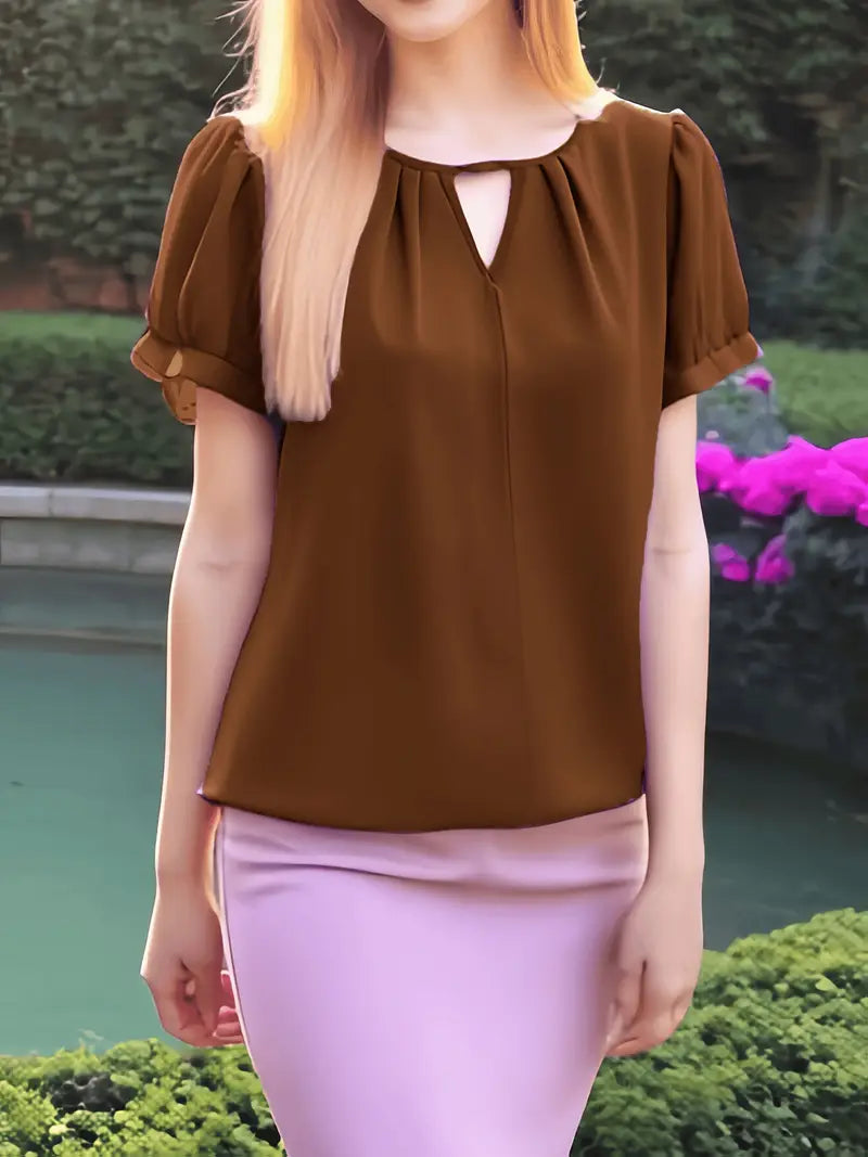 NISWA STYLE Women’s V-Neck Blouse, Loose Fit Short Sleeve Top With Glossy Fabric, Vintage Style