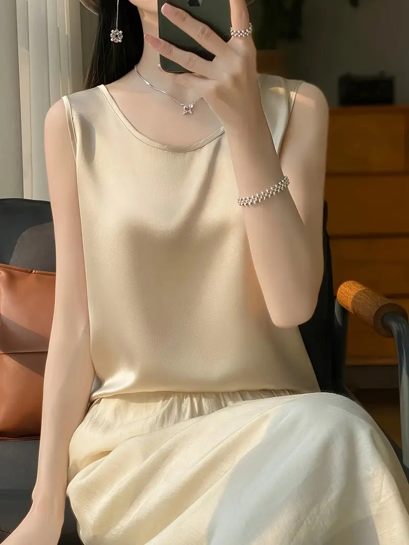 Elegant Low-Neck Sleeveless Tank Top – Semi-Sheer Stretchy Shirt, Layering Piece, Lightweight Top For Casual Wear