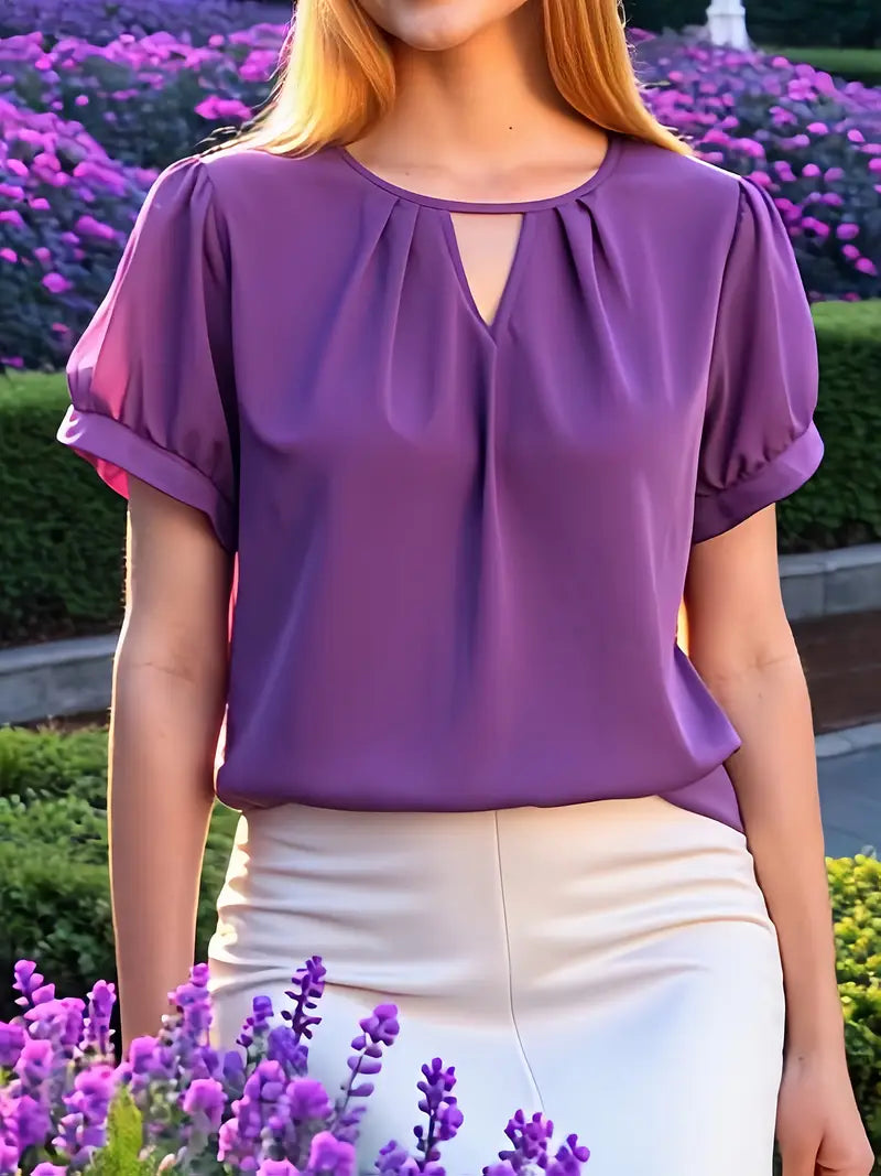 NISWA STYLE Women’s V-Neck Blouse, Loose Fit Short Sleeve Top With Glossy Fabric, Vintage Style