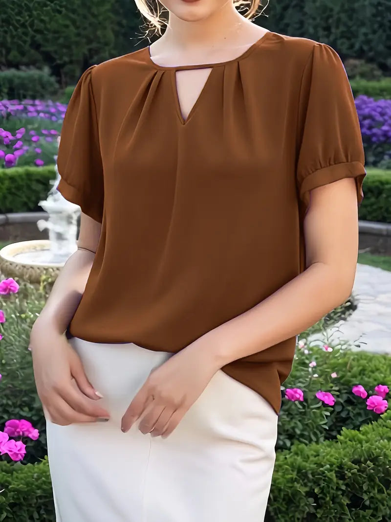 NISWA STYLE Women’s V-Neck Blouse, Loose Fit Short Sleeve Top With Glossy Fabric, Vintage Style