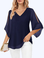 Elegant V-Neck Shirting Blouse, 3/4 Sleeve Top With Double Layer Mesh, Hollow Details, Casual & Formal Blouse