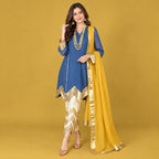 Niswa Style Cotton Silk Blue Kurta Set With Yellow Gota Dupatta
