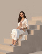 Classic Ivory Party Wear Three Piece Suit With Multicolor Sleeve Embellishments.