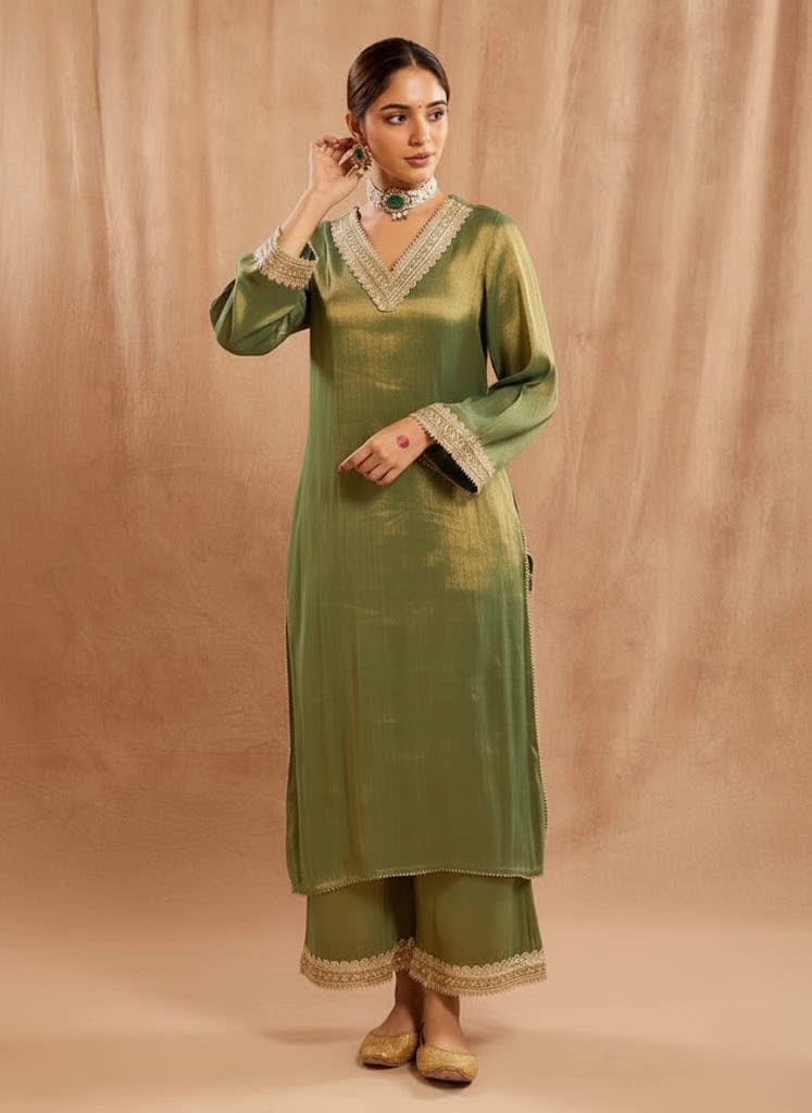 Women’s Long Green Silk Shirt & Trouser Set – Elegant 2-Piece Outfit With Lace Detailing - Formal Ethnic Wear Suit