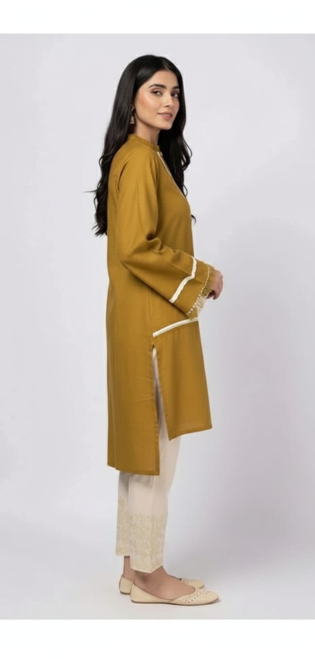 Comfortable Mustard Short Kurti Set – Stylish Front Button Shirt With White Straight Trouser Set For Women.