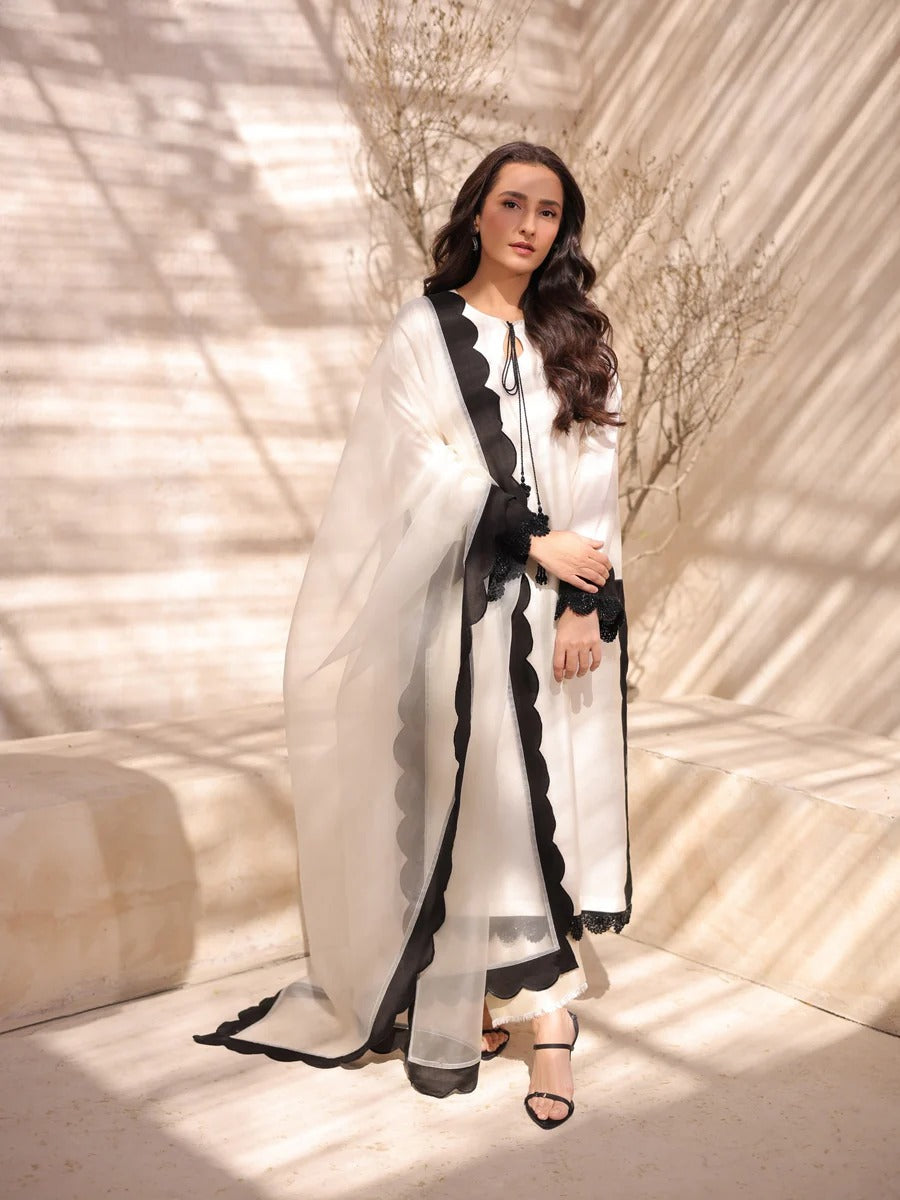 White Lawn Cotton Three Piece Summer Suit With Black Scalloped Lace & Organza Dupatta.