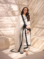 White Lawn Cotton Three Piece Summer Suit With Black Scalloped Lace & Organza Dupatta.
