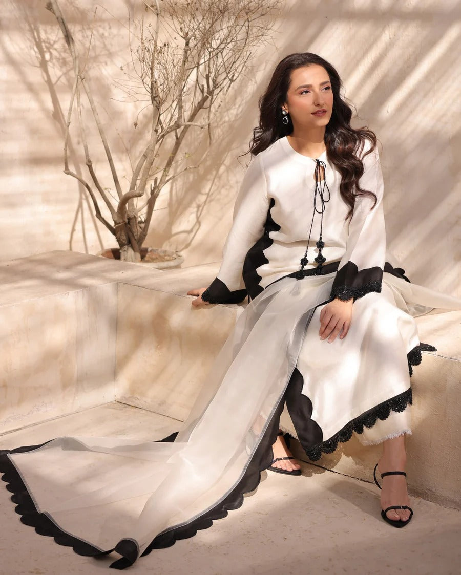 White Lawn Cotton Three Piece Summer Suit With Black Scalloped Lace & Organza Dupatta.