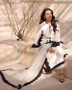 White Lawn Cotton Three Piece Summer Suit With Black Scalloped Lace & Organza Dupatta.