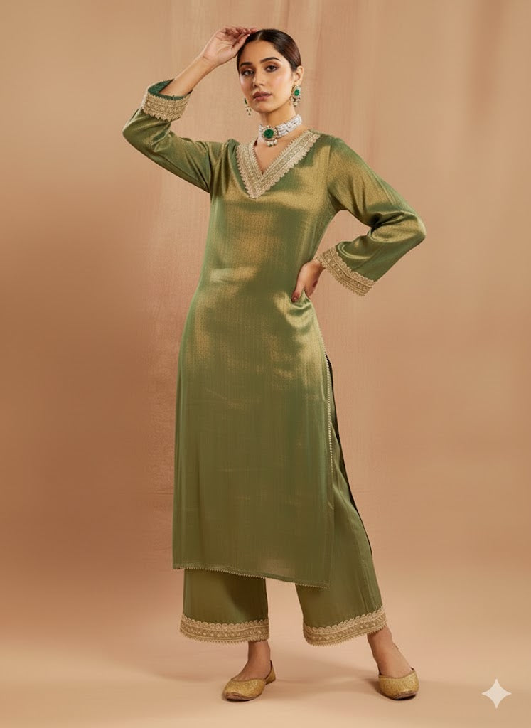 Women’s Long Green Silk Shirt & Trouser Set – Elegant 2-Piece Outfit With Lace Detailing - Formal Ethnic Wear Suit